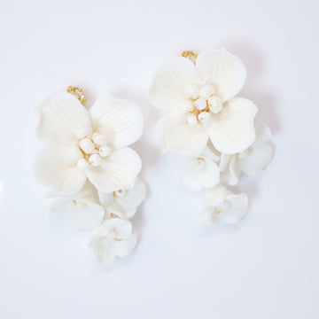 Swarovski Ceramic White Flower Pearl Sparkling Crystal Long Bridal Jewelry Crystal Bridal Earrings Statement Earrings Cz